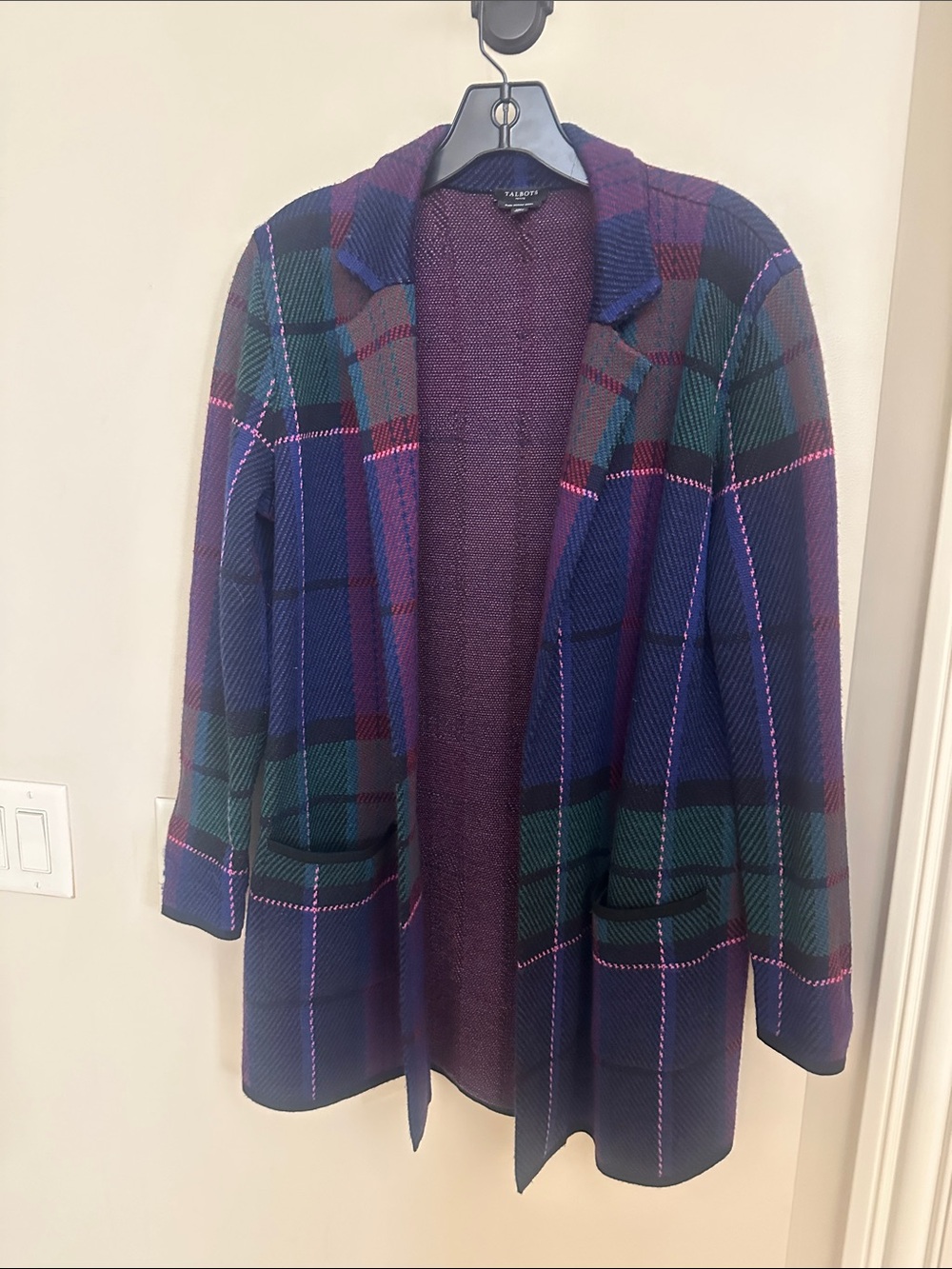 Talbots Navy Green Purple Plaid Open-Front Blazer